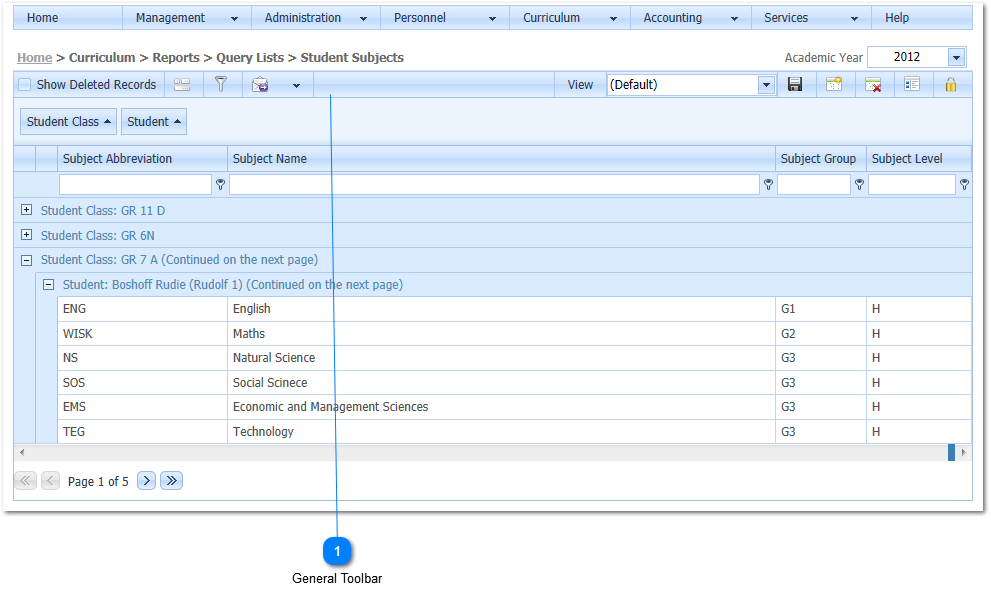 Student Subject Query List Example