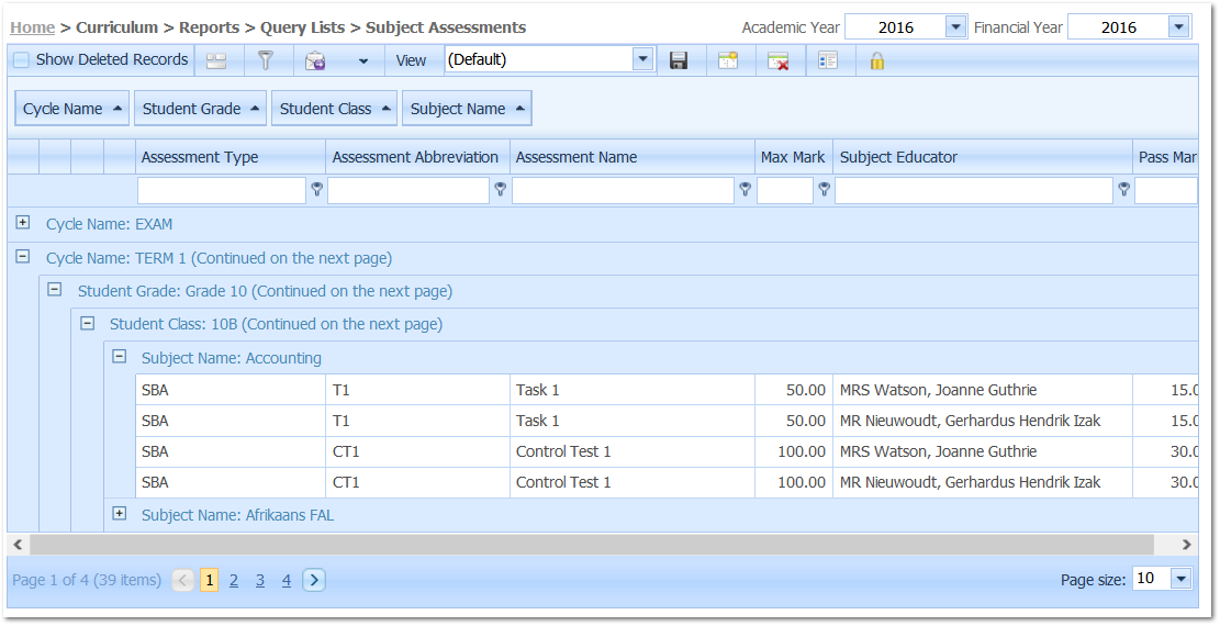 Subject Assessments Query List Example